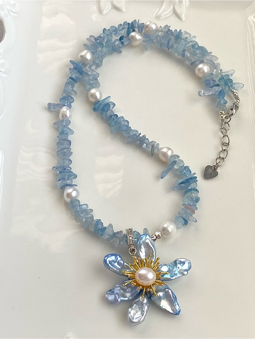 GP80-Handmade Aquamarine, Petal Pearl Blue Flower And white Pearl 2Tone Necklace
